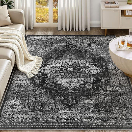UERMEI 10x12 Area Rug Living Room Rugs - Washable Vintage Soft Large Rug Indoor Floor No Slip Rug Carpet for Bedroom Farmhouse Under Dining Table Home Office Decor - Black