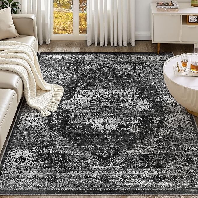 UERMEI 10x12 Area Rug Living Room Rugs - Washable Vintage Soft Large Rug Indoor Floor No Slip Rug Carpet for Bedroom Farmhouse Under Dining Table Home Office Decor - Black