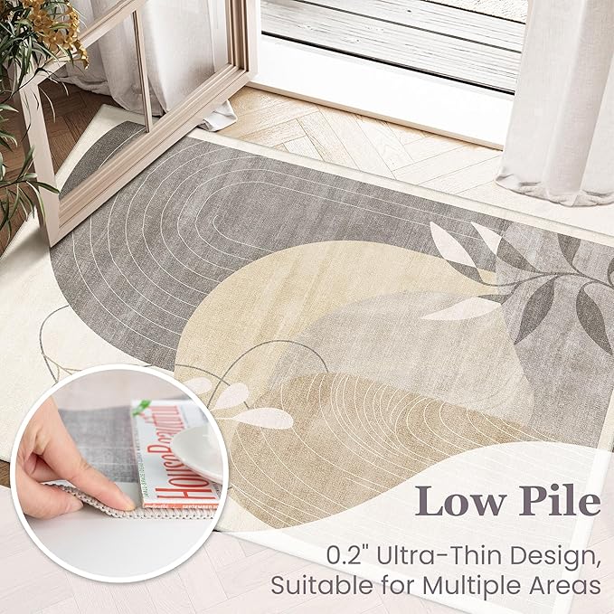 5x7 Area Rugs Washable Low Pile Non Slip Mid Century Modern Large | Machine Washable Throw Carpet for Living Room Bedroom Office Dining Room Boho Abstract Retro Geometric Neutral Beige