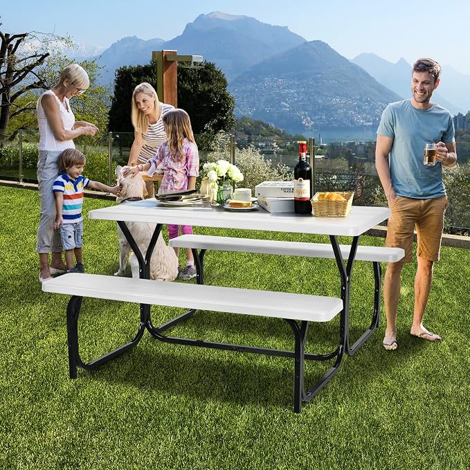 HAPPYGRILL Outdoor Picnic Table Bench Set with Metal Frame & All Weather-Resistant Surface, Camping Table Set for Patio Backyard Poolside Garden Dining Party