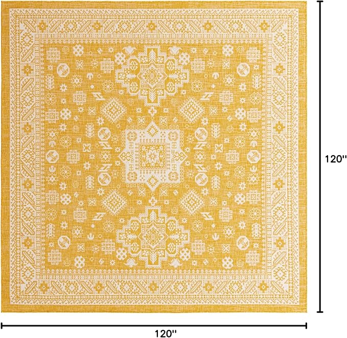 Unique Loom Outdoor Aztec Collection Area Rug - Chalca (10' Square, Yellow/ Ivory)