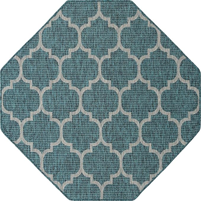 Unique Loom Outdoor Trellis Collection Area Rug (5' 1" Octagon, Teal/ Gray)