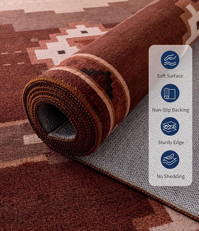 YIHOUSE 5’x7’ Washable Western Red Aztec Area Rug for Living Room | Non-Slip, Soft, Low Pile, Southwestern Retro Navajo Rug for Bedroom Dining Room, Red/Brown