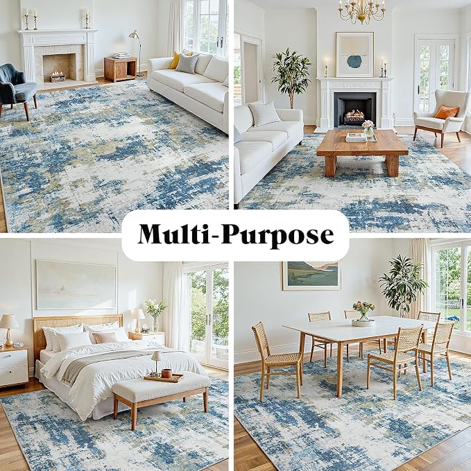 5x8 Area Rugs for Living Room: Washable Soft Blue Abstract Bedroom Carpet | Non-Slip TPE & Stain Resistant,0.25" Low-Pile,Kids Pet Friendly Modern Decor for Dining Room Farmhouse Office, Non-Shedding