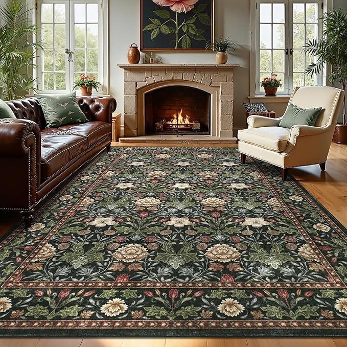 GarveeHome Large Area Rugs 9x12 for Living Room, Forest Green Floral Washable Rug Soft Non Slip Floor Mat Carpet Indoor Thin Accent Rug for Bedroom Dining Room Playroom Nursery Home Decor