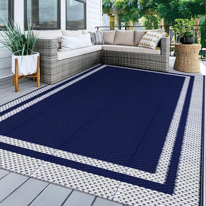 KMAT Outdoor Rug, Waterproof Reversible Patio Rugs, 6x9ft Large Outdoor Area Rug Foldable Plastic Camping Rugs for Outside RV, Patio,Picnic,Camper,Balcony,Porch (Blue &White)
