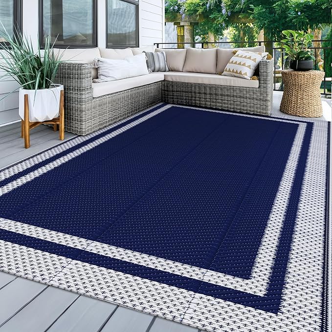 KMAT Outdoor Rug, Waterproof Reversible Patio Rugs, 8x10ft Large Outdoor Area Rug Foldable Plastic Camping Rugs for Outside RV, Patio,Picnic,Camper,Balcony,Porch (Blue &White)