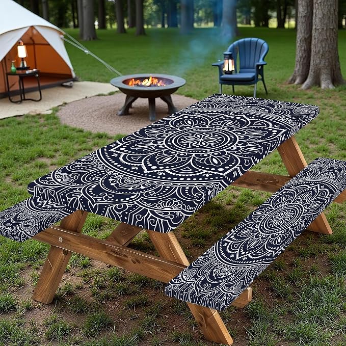 Picnic Table Cover with Bench Covers 6FT 3PCS, Camping Essentials,Rectangle Fitted Camping Tablecloth Waterproof with Elastic Edge for Indoor Outdoor Patio, 96in, Black and White