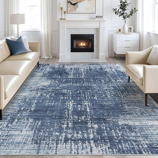 kakania Abstract 10x12 Area Rugs for Living Room: Washable Rugs Dark Blue | Soft, Non-Slip, Low-Pile, Pet & Kid Friendly - Large Modern Home Decor Carpet for Bedroom/Dining Room/Office/Nursery