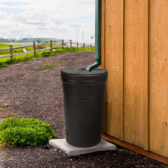 Good Ideas Aspen 50 Gallon Capacity Outdoor Rain Barrel Water Storage Collector Saver with Brass Spigot and Removable Lid, Oak Brown