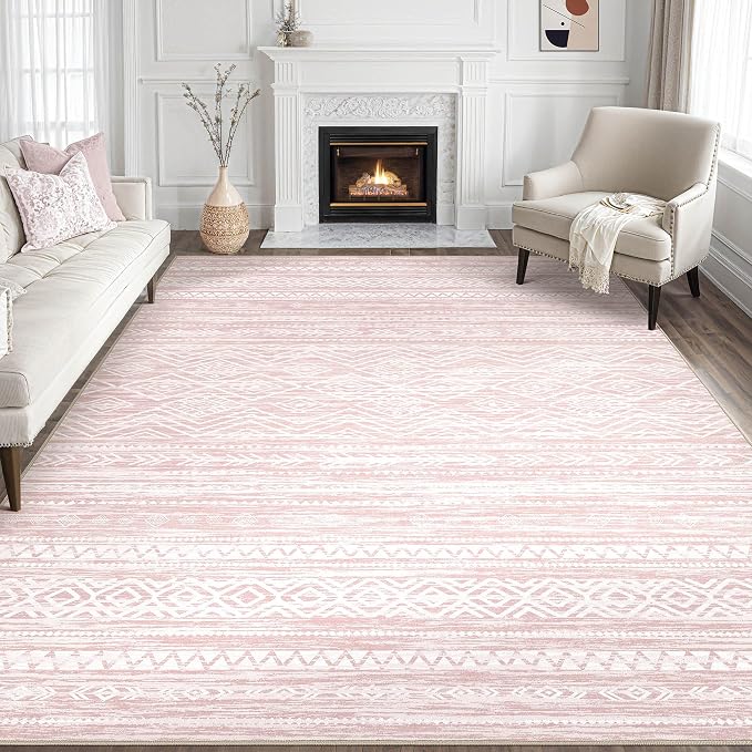 Tortania Area Rug Living Room Rugs- 8x12 Washable Large Soft Neutral Boho Moroccan Bohemian Farmhouse Rug Indoor Floor Carpet for Bedroom Under Dining Table Home Office Decor - Pink