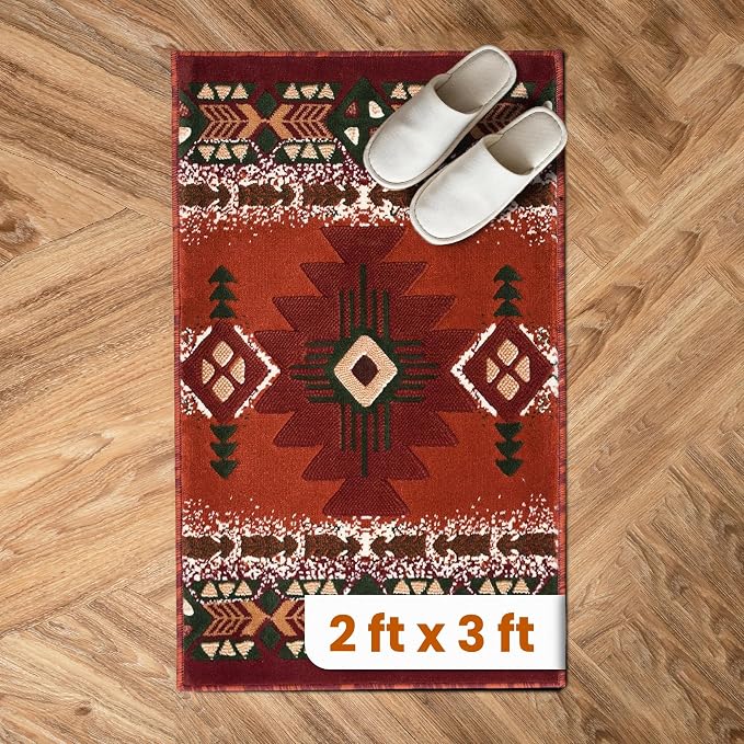 YHSF Southwest Native American Area Rug – Thick, Soft, Durable & Easy to Maintenance Tribal Design Boho Rug– Ideal for Bedroom, Living Room & Hallway - Rust, 2 Feet x 3 Feet 4 Inches