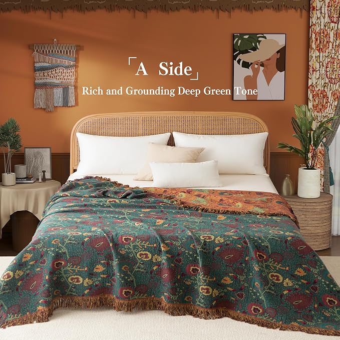 Phuryllic Boho Throw Blanket Twin Size, Soft Cozy Cotton Muslin Quilt Blanket for Bed Decor, Floral Patterned Couch Sofa Chair Cover, Vintage Farmhouse Cottage Tapestry Woven Blanket, Green&Orange