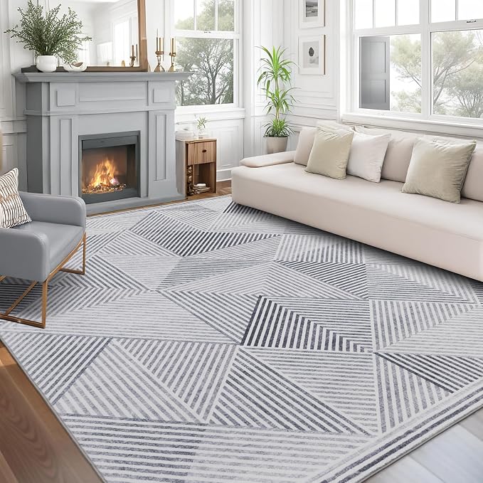 Machine Washable Area Rug - Living Room Bedroom Bathroom Kitchen Entryway Office - Padded Crease Free Stain Resistant Premium - Modern Geometric Contemporary - Miles - Gray 7'6" x 9'6"