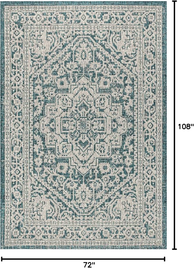 JONATHAN Y Medallion Weave Indoor Outdoor Area Rug 6X9 Teal Blue/Gray, Sinjuri Textured for Backyard, Patio, Porch, Easy-Cleaning, High Traffic, Pet-Friendly, Non-Shedding (SMB101C-6)