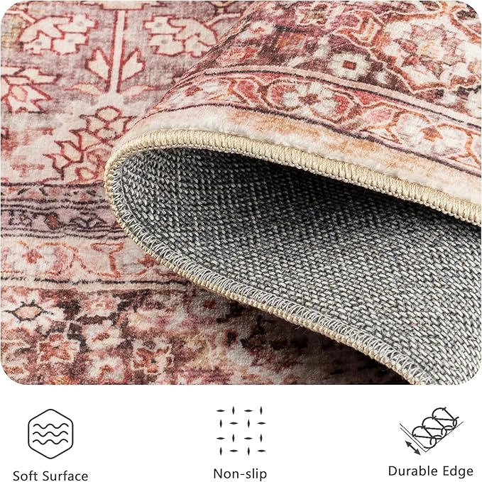 5x7 Area Rugs - Washable Vintage Retro Living Room Rug, Soft Ultra Thin Non Slip Low Pile Traditional Distressed Boho Carpet for Bedroom Dining Room Nursery Home Office, Vintage Iron Red