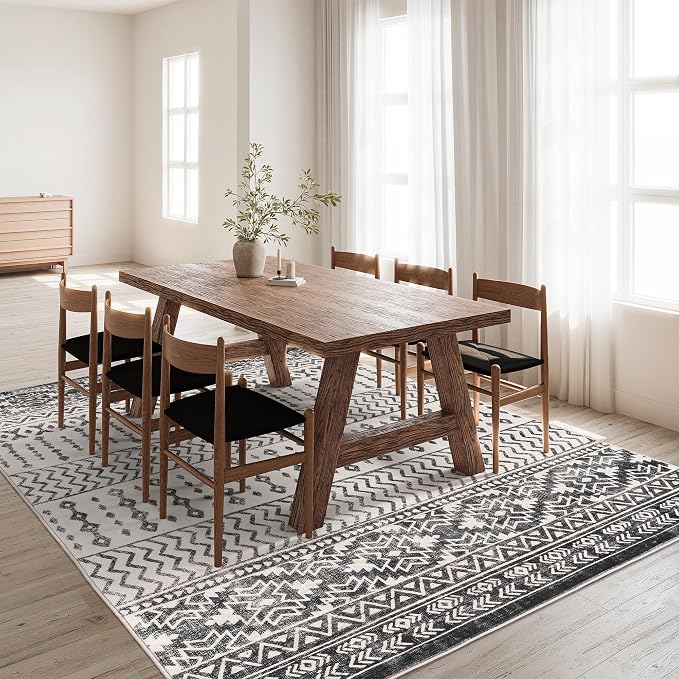 Art&Tuft 4x6 Area Rug Non Slip, Moroccan Washable Rugs for Bedroom, Black | Low Pile, Soft & Lighweight, Thin, Folable, Stain Resistant Indoor Carpet for Living Room, Kitchen, Coffee Table, Powder Room