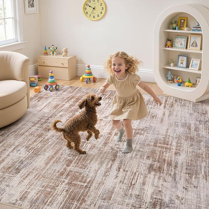 UERMEI 5x7 Area Rug for Living Room Washable Abstract Red Brown Carpet | Low Pile Non-Slip Soft Neutral Modern Kid Pet Friendly Large Rugs For Bedroom Dining Room Nursery Office Indoor Decor