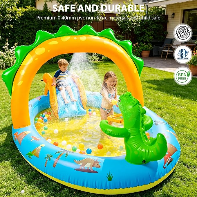 SULIFEEL 2026 Inflatable Dinosaur Play Center Kiddie Pool with Slide and Sprinkler for Children, Toddler Blow Up Splash Pad for Backyard and Garden 96"x59"x39"