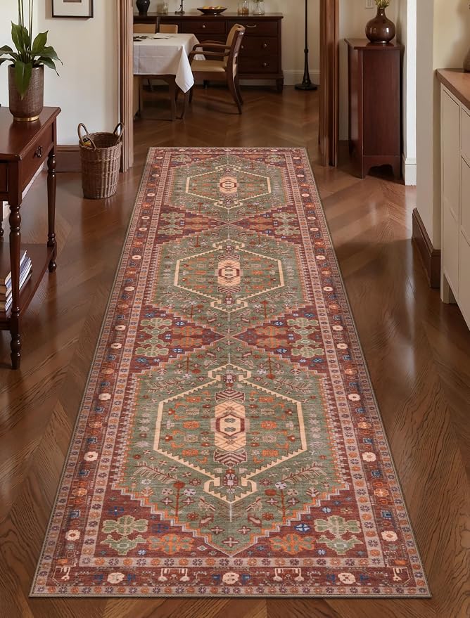 Ciicool 2x7ft Runner Rug,Vintage Washable Area Rugs for Hallway Kitchen | Terracotta/Green Oriental Indoor Thin Boho Entry Carpet for Entrance Bedroom Bedside Living Room Laundry Bathroom Decor