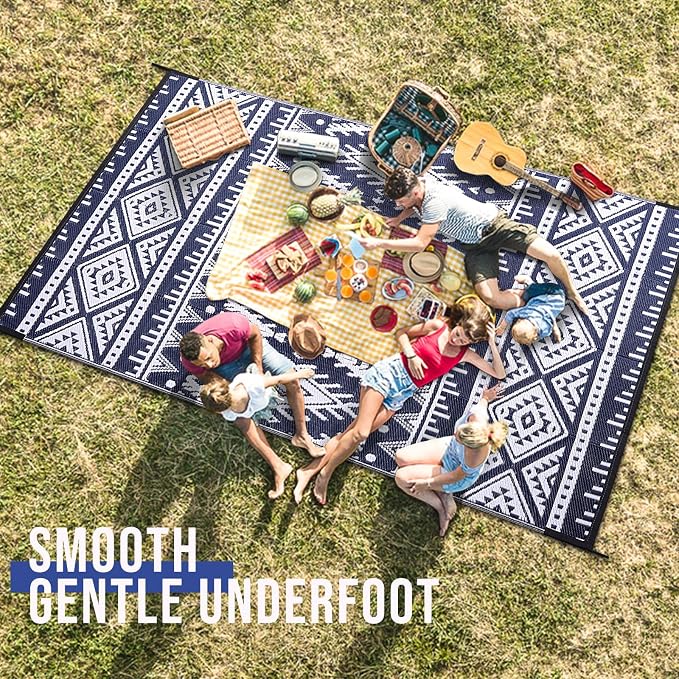 OLANLY Outdoor Rug Waterproof 6x9 ft, Reversible Outdoor Plastic Straw Rug, Boho Patio Rug, Indoor Outdoor Carpet, RV Mat Outside for Patio, Camp, Picnic, Balcony, Deck, Backyard, Navy & White