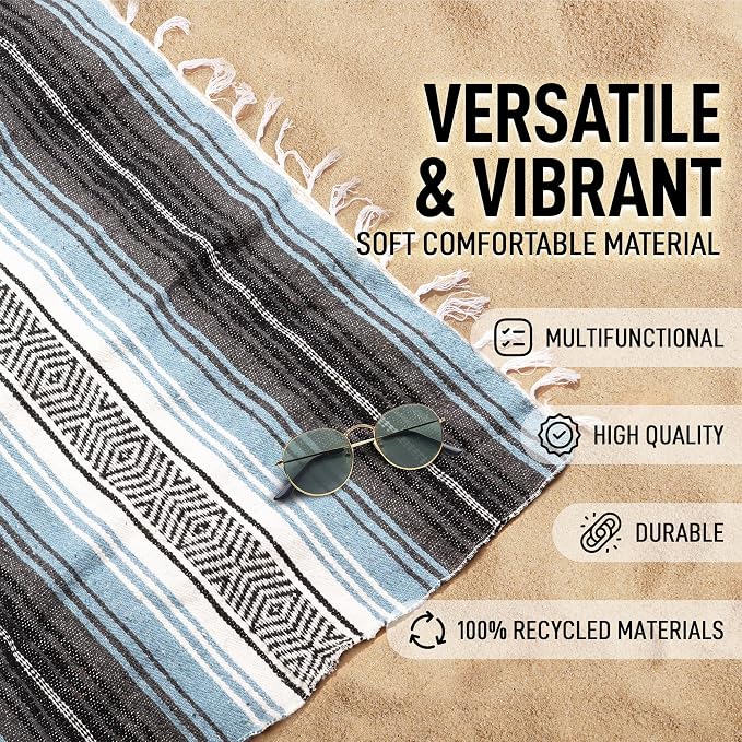 Hydration Nation Authentic Large Handwoven Mexican Blanket - Soft Yoga- Durable Serape- Lightweight Falsa, Beach, Camping, Picnic, Outdoor Blanket 70"x50" - Aqua Sky