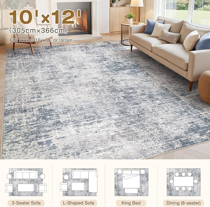 kakania Abstract 10x12 Area Rugs for Living Room: Washable Rugs Blue Grey | Soft, Non-Slip, Low-Pile, Pet & Kid Friendly - Large Modern Home Decor Carpet for Bedroom/Dining Room/Office/Nursery