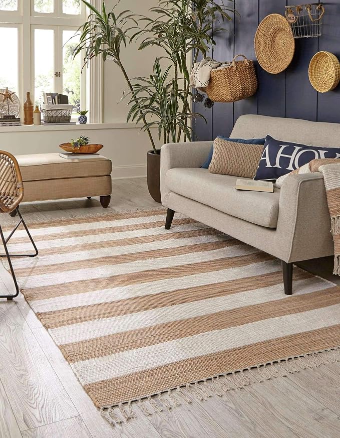 Unique Loom Chindi Rag Collection Area Rug - Striped (7' 1" x 10' Rectangle, Beige/ Ivory)