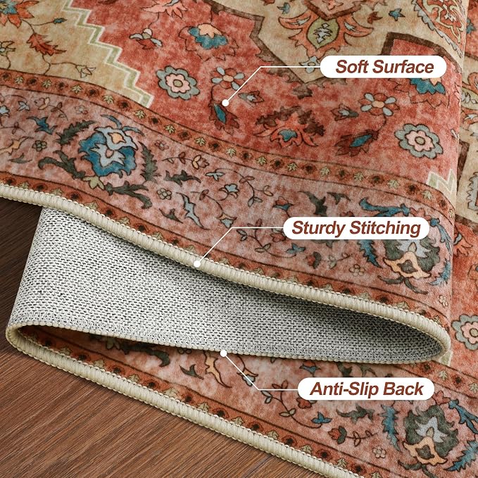 Tangsoo Boho 3x5 Rug, Washable Non Slip Accent Rugs for Entryway Terracotta | Vintage Print Indoor Carpet,Oriental Soft Low Pile 3x5 Area Rugs for Living Room Bedroom Bedside Bathroom Entrance Home Decor
