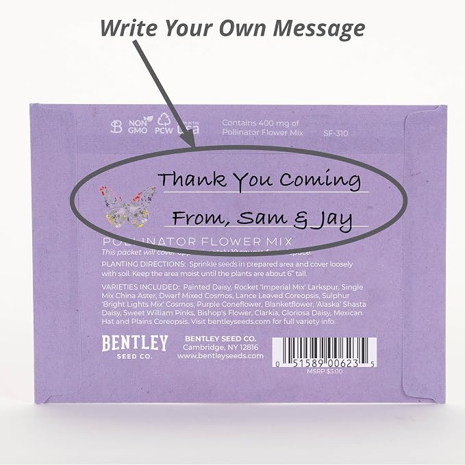 Bentley Seed Co. Thank You Packet - Butterfly Pollinator Mix - 25 Seed Packets - Perfect Eco-Friendly Thank You Gift - Non GMO Seeds, Purple