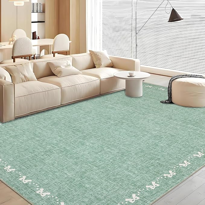 COZYLOOM 9x12 Large Bow Border Area Rug for Living Room, Machine Washable Area Rugs for Bedroom, Non Slip Non Shedding Solid Color Rug Stain Resistant Low Pile Mats for Dining Room, Office, Green