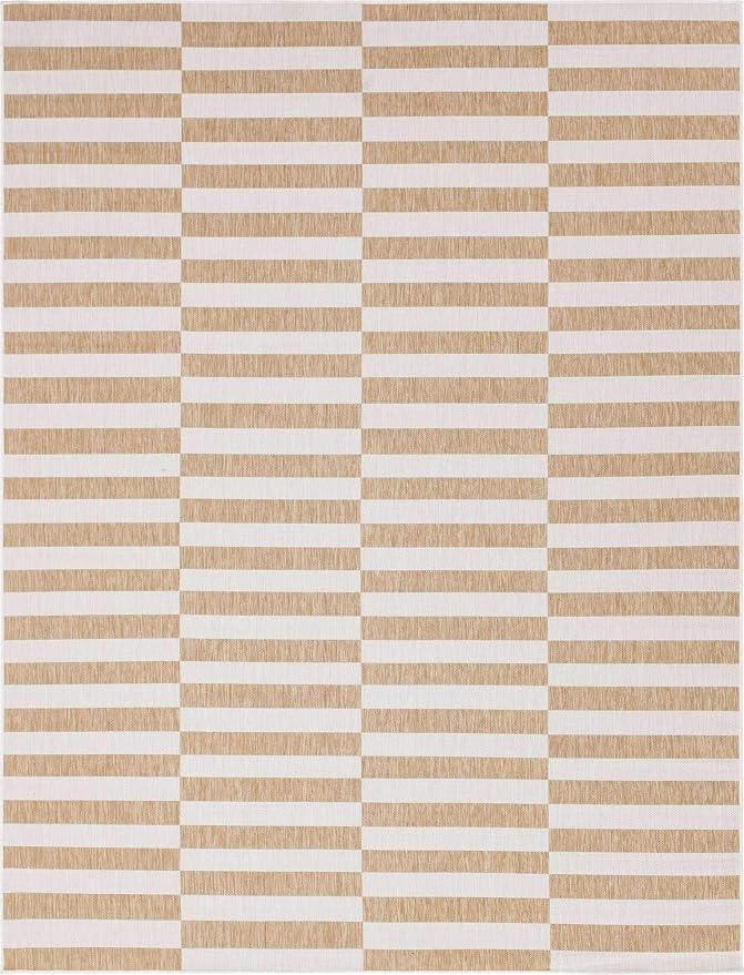 Unique Loom Outdoor Striped Collection Area Rug - Striped (9' x 12' Rectangle, Taupe/Ivory)
