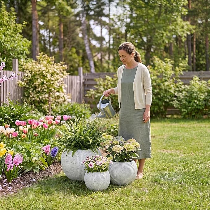 DTY Premium Mt Sherman Fiberstone Sphere Planter for Indoor Outdoor Use, Round Pot for Olive Tree, Lightweight, Smooth Finishes. 2 Coco Mats. Ribbed White, Large 21.1'' D x 16.7'' H. 14.6” Pot Opening