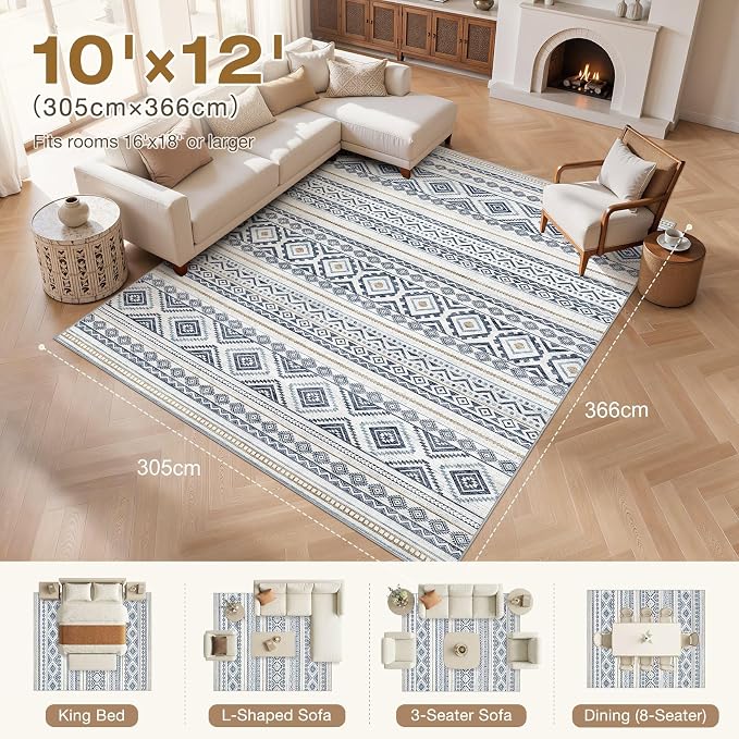 cotiled Boho 10x12 Area Rug for Living Room: Large Moroccan Washable Rug | Solve Modern Neutral Trendy Home Decor - Stain Resistan Carpet for Bedroom Farmhouse Blue
