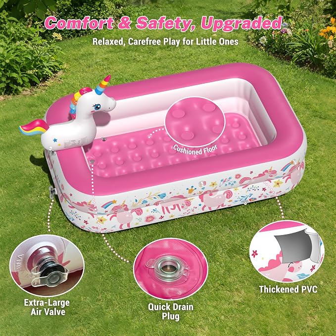 JOSEN Unicorn Kiddie Pool with Canopy and Sprinkler, Inflatable Baby Pool with Soft Cushioned Floor, Portable Toddler Pool Ball Pit for Backyard, Outdoor/Indoor Play Toys Girls Birthday Gift(Pink)