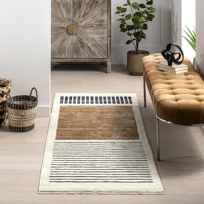 nuLOOM Keeva Beige Striped Power Loomed Runner Rug, 2' x 8' | nuLOOM 2' x 8' Fringed Performance Indoor Area Rug, Power Loomed, Easy Clean, Durable, Non-Shed, Beige