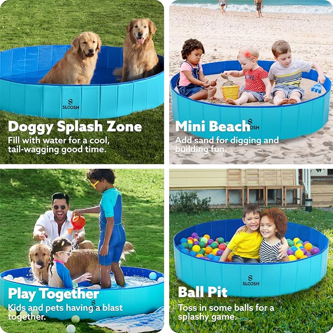 SLOOSH Foldable Dog Kiddie Pool - Portable Hard Plastic Doggie Swimming Pool, Anti-Slip Collapsible Pets Bath Tub Suitable for Kids Indoor Outdoor Backyard Use (Blue, 63" x 12")