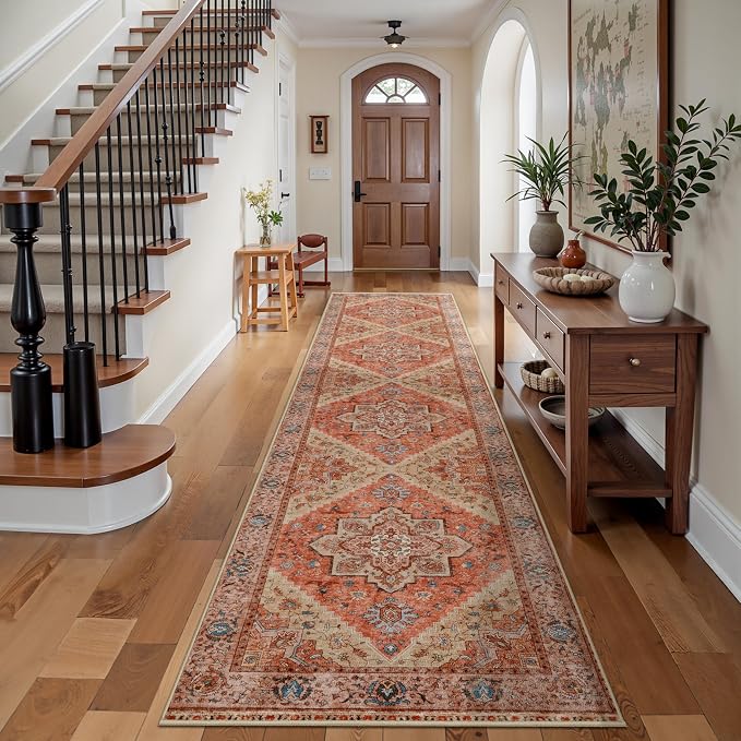 Tangsoo 2.6x8 Washable Runner Rug for Hallways, Non Slip Boho Runners | Vintage Soft Low Pile Long Runner Rug, Oriental Carpet Hallway Runners for Kitchen Bedroom Entryway Bathroom Terracotta