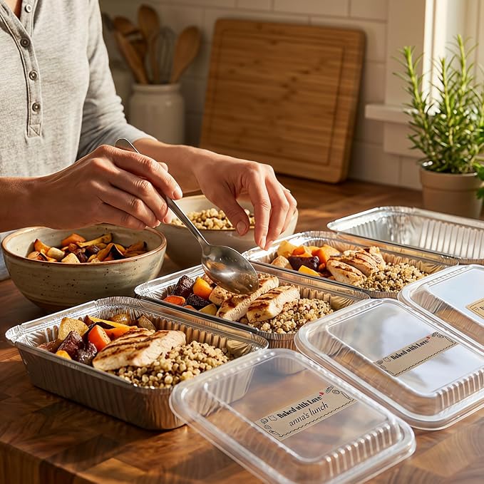 Gyeruni 100 Pack Disposable Aluminum Loaf Pans with Lids and Stickers Kit, 6" x 4.7" x 2" Small Foil Loaf Pans Disposable Mini Foil Baking Tins Trays for Food Containers/Cakes/Bread