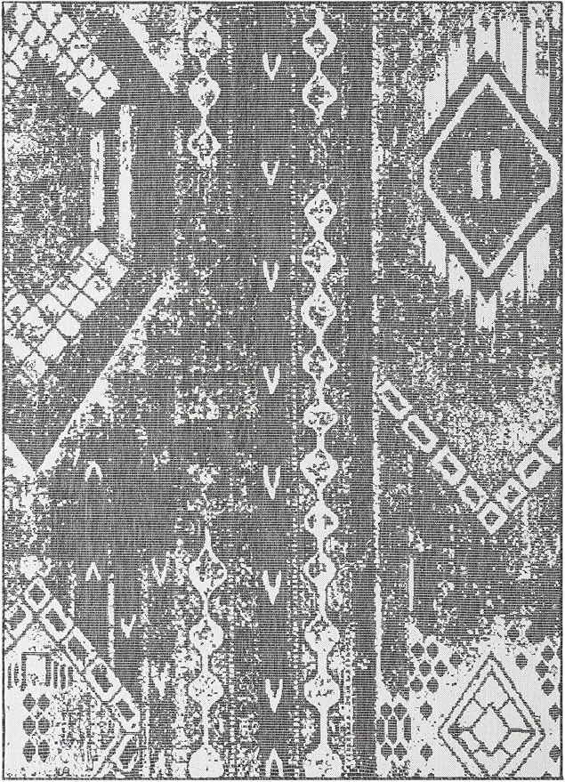 Unique Loom Outdoor Bohemian Collection Area Rug - Anthro (7' 1" x 10' Rectangle, Charcoal Gray/ Ivory)