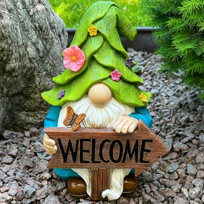 Mood Lab Garden Gnome - Solar Gnome Figurine with Welcome Sign - 9.1 Inch Decor Outdoor Lawn Statue with LED Lights