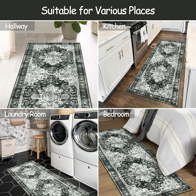 Moynesa Washable Black and White Runner Rug - 2x6 Bathroom Runner with Rubber Backing, Hallway Boho Non-Slip Non-Shedding Low Pile Accent Carpet for Laundry Room Entryway