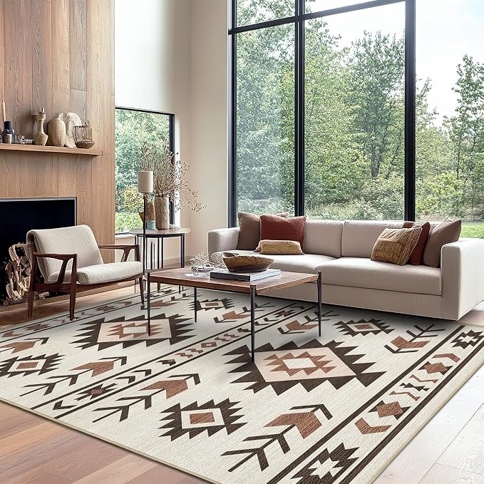 8x10 Area Rug for Living Room Western Rug Southwestern Aztec Tribal Rugs Southwest Navajo Machine Washable Non-Slip Printed Low-Pile Floor Carpet for Bedroom Dining Room Office, Beige
