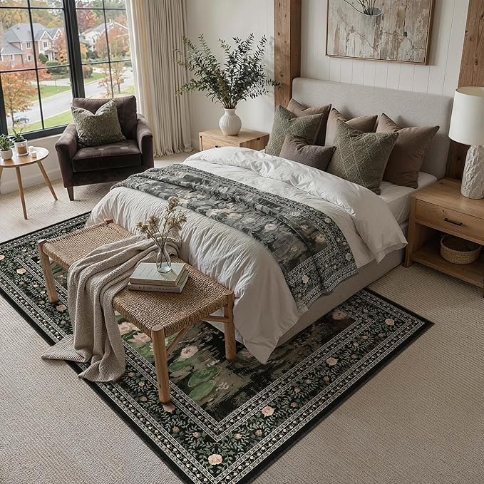 Black Area Rug 5x7 Living Room Vintage Floral Non-Slip Carpet | Machine Washable, Soft, Low Pile, Distressed, Large for Bedroom, Dining Room, Office, Impressionist Farmhouse Decor