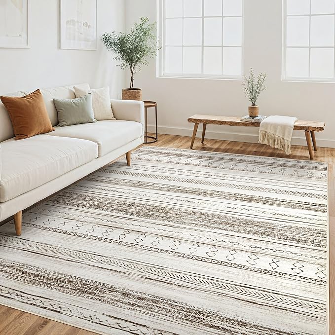 Tortania Area Rug Living Room Rugs - 6x9 Washable Large Soft Neutral Boho Moroccan Bohemian Farmhouse Rug Indoor Floor Carpet for Bedroom Under Dining Table Home Office Decor - Cream Brown