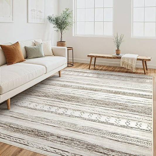 Tortania Area Rug Living Room Rugs - 6x9 Washable Large Soft Neutral Boho Moroccan Bohemian Farmhouse Rug Indoor Floor Carpet for Bedroom Under Dining Table Home Office Decor - Cream Brown