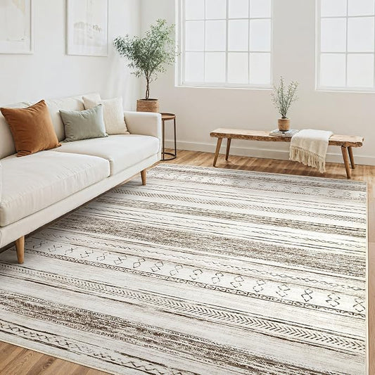 Tortania Area Rug Living Room Rugs - 5x8 Washable Large Soft Neutral Boho Moroccan Bohemian Farmhouse Rug Indoor Floor Carpet for Bedroom Under Dining Table Home Office Decor - Cream Brown