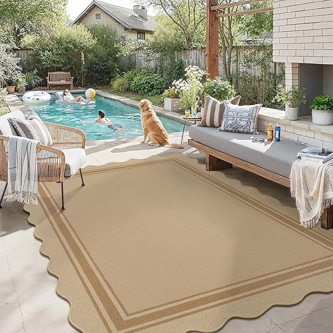 5x7 Scalloped Rug Easy Jute Washable Outdoor Patio Rug for Living Room Indoor Outdoor Tan Geometric Neutral Carpet for Backyard Patio Dining Room