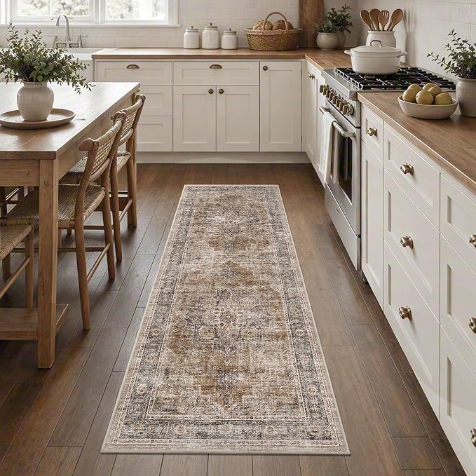 2x6 Vintage Runner Rug Low Pile Non-Slip Washable Hallway Rug | Retro Print, Non-Shedding, Soft Washable Brown Long Carpet, Stain Resistant Runner, for Hallway Kitchen Bedroom Laundry Room