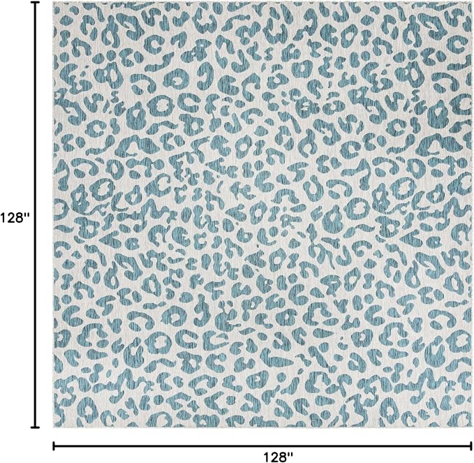 Unique Loom Outdoor Safari Collection Area Rug - Leopard (10' 8" Square, Teal/ Ivory)